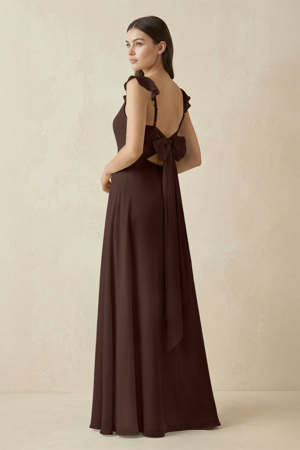 Ruffled Sleeve A - Line Chiffon Bridesmaid Dress in Espresso - KissProm Bridesmaid Dresses