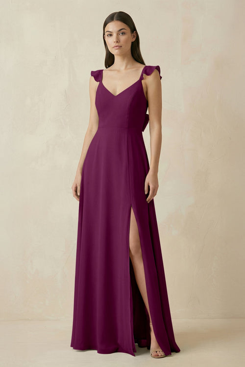 Ruffled Sleeve A - Line Chiffon Bridesmaid Dress in Fig - KissProm Bridesmaid Dresses