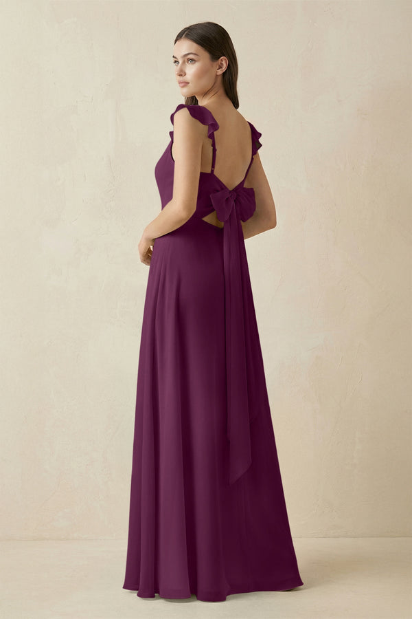 Ruffled Sleeve A - Line Chiffon Bridesmaid Dress in Fig - KissProm Bridesmaid Dresses