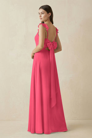 Ruffled Sleeve A - Line Chiffon Bridesmaid Dress in Fuchsia - KissProm Bridesmaid Dresses