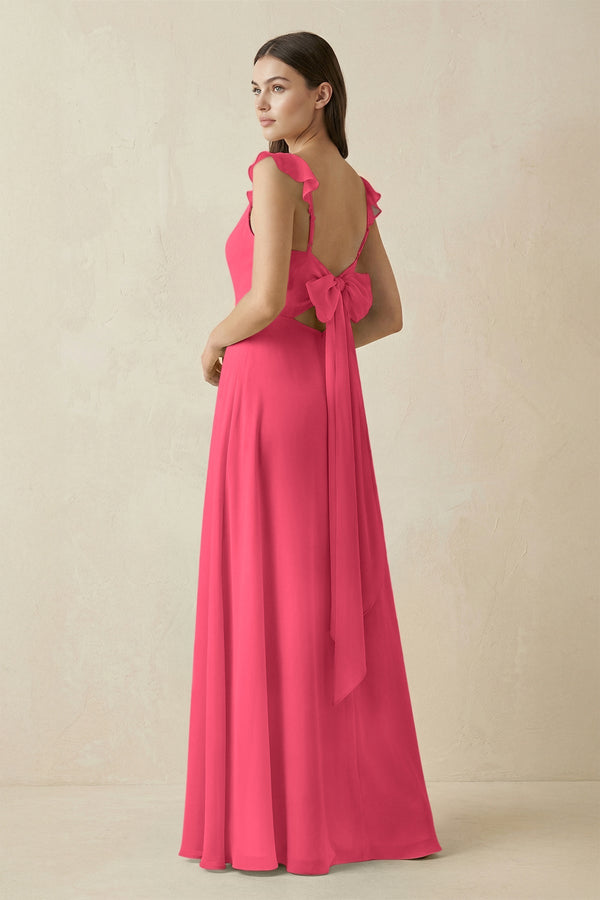 Ruffled Sleeve A - Line Chiffon Bridesmaid Dress in Fuchsia - KissProm Bridesmaid Dresses