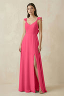Ruffled Sleeve A - Line Chiffon Bridesmaid Dress in Fuchsia - KissProm Bridesmaid Dresses