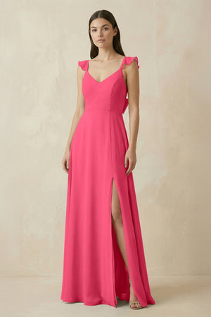 Ruffled Sleeve A - Line Chiffon Bridesmaid Dress in Fuchsia - KissProm Bridesmaid Dresses