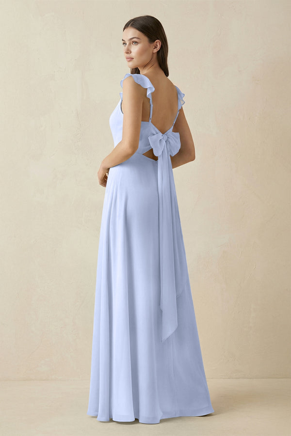 KissProm Ruffled Sleeve A-Line Chiffon Bridesmaid Dress in Ice, Ice / 30