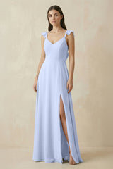 Ruffled Sleeve A - Line Chiffon Bridesmaid Dress in Ice - KissProm Bridesmaid Dresses