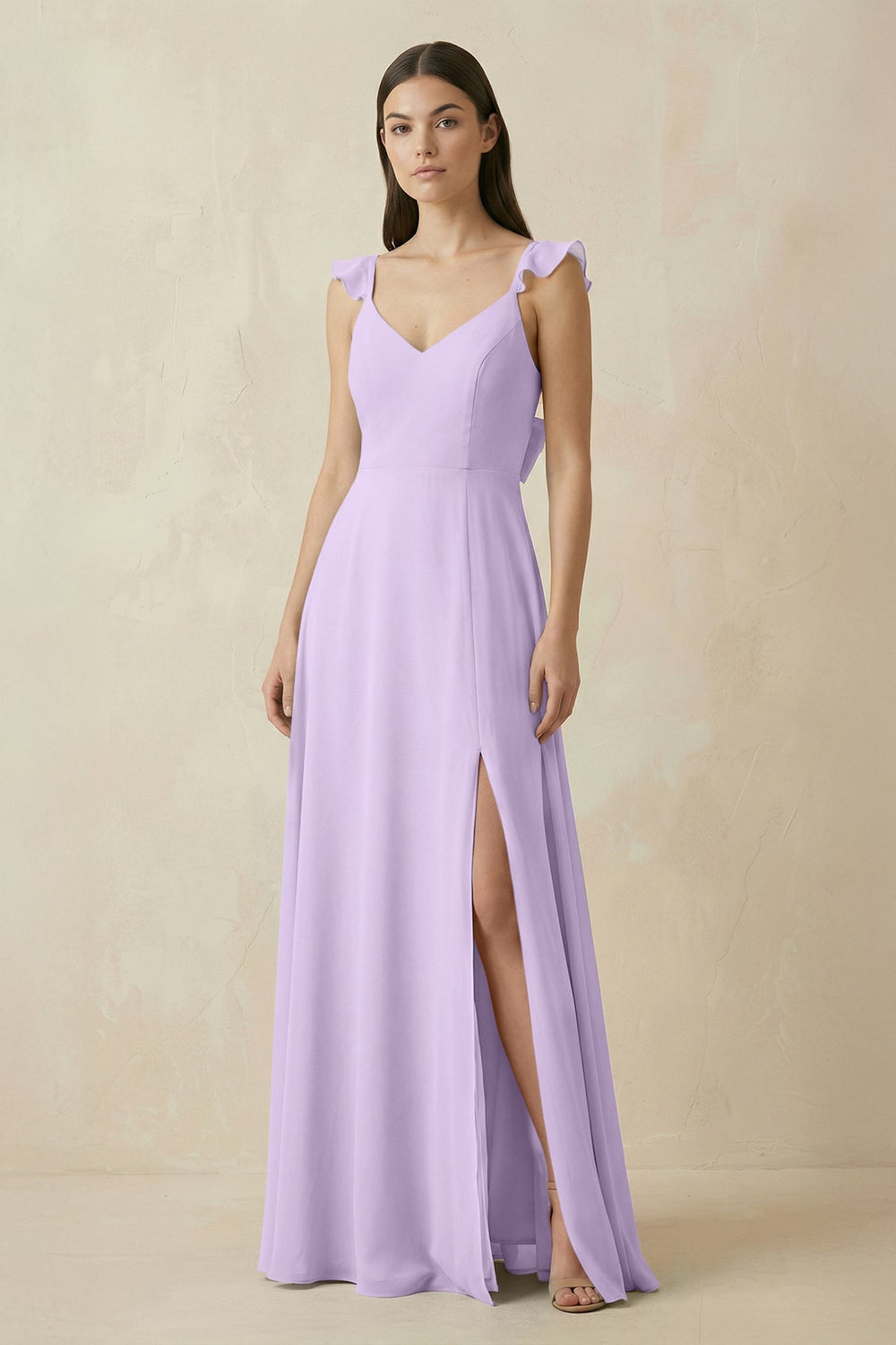 Ruffled Sleeve A - Line Chiffon Bridesmaid Dress in Lavender - KissProm Bridesmaid Dresses
