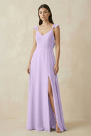 Ruffled Sleeve A - Line Chiffon Bridesmaid Dress in Lavender - KissProm Bridesmaid Dresses