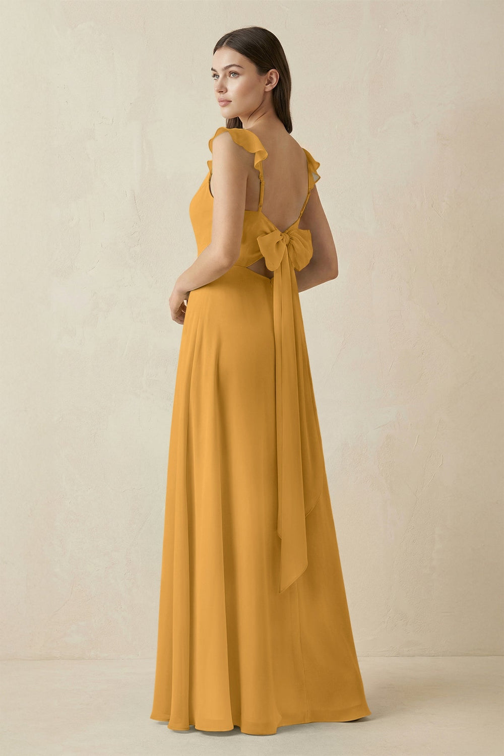 Ruffled Sleeve A - Line Chiffon Bridesmaid Dress in Marigold - KissProm Bridesmaid Dresses