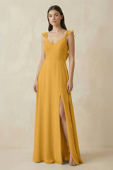 Ruffled Sleeve A - Line Chiffon Bridesmaid Dress in Marigold - KissProm Bridesmaid Dresses