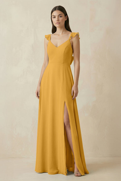 Ruffled Sleeve A - Line Chiffon Bridesmaid Dress in Marigold - KissProm Bridesmaid Dresses