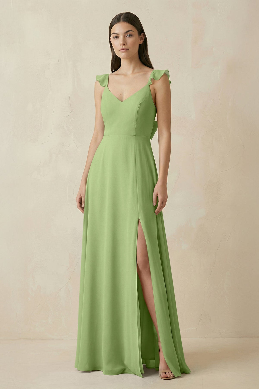 Ruffled Sleeve A - Line Chiffon Bridesmaid Dress in Matcha - KissProm Bridesmaid Dresses