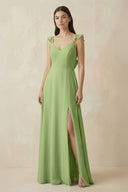 Ruffled Sleeve A - Line Chiffon Bridesmaid Dress in Matcha - KissProm Bridesmaid Dresses