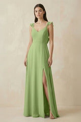 Ruffled Sleeve A - Line Chiffon Bridesmaid Dress in Matcha - KissProm Bridesmaid Dresses