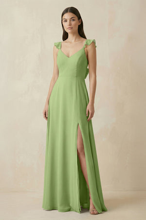Ruffled Sleeve A - Line Chiffon Bridesmaid Dress in Matcha - KissProm Bridesmaid Dresses