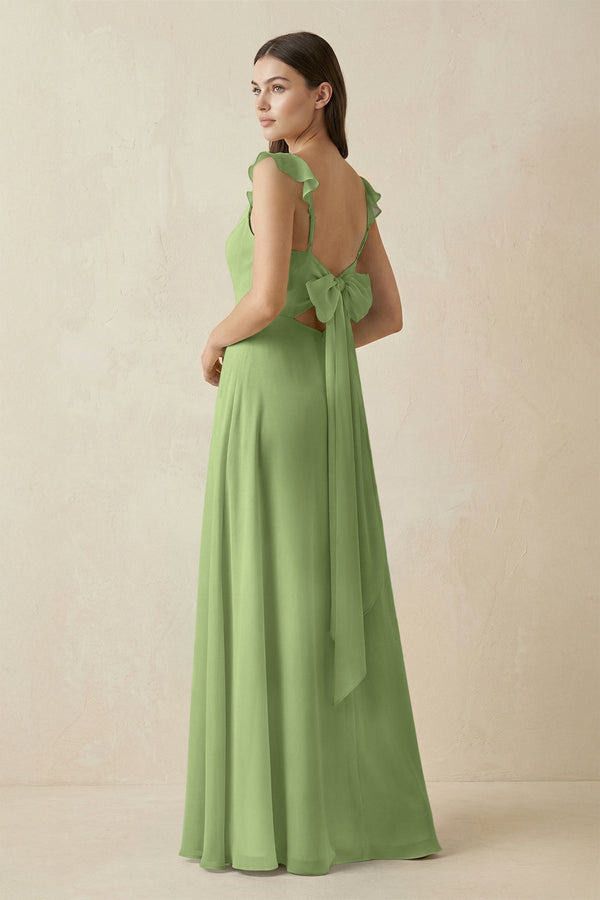 Ruffled Sleeve A - Line Chiffon Bridesmaid Dress in Matcha - KissProm Bridesmaid Dresses