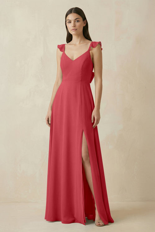 Ruffled Sleeve A - Line Chiffon Bridesmaid Dress in Merlot - KissProm Bridesmaid Dresses