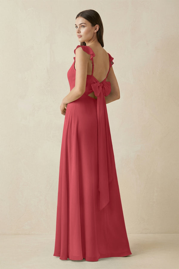 Ruffled Sleeve A - Line Chiffon Bridesmaid Dress in Merlot - KissProm Bridesmaid Dresses