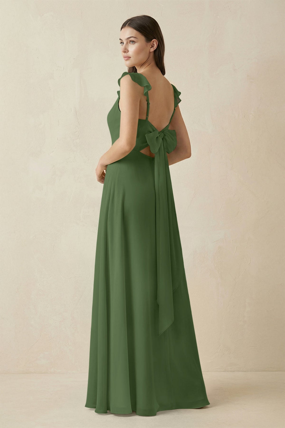 Ruffled Sleeve A - Line Chiffon Bridesmaid Dress in Moss - KissProm Bridesmaid Dresses