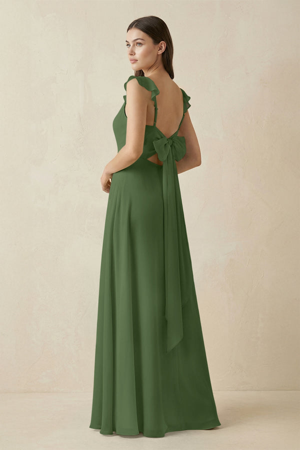 Ruffled Sleeve A - Line Chiffon Bridesmaid Dress in Moss - KissProm Bridesmaid Dresses