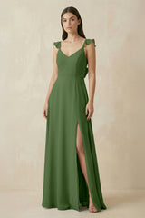 Ruffled Sleeve A - Line Chiffon Bridesmaid Dress in Moss - KissProm Bridesmaid Dresses