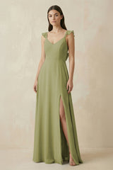 Ruffled Sleeve A - Line Chiffon Bridesmaid Dress in Moss Green - KissProm Bridesmaid Dresses