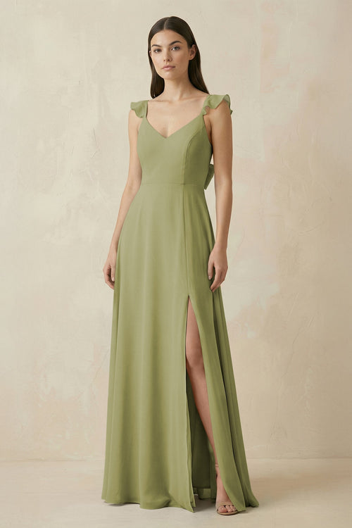 Ruffled Sleeve A - Line Chiffon Bridesmaid Dress in Moss Green - KissProm Bridesmaid Dresses