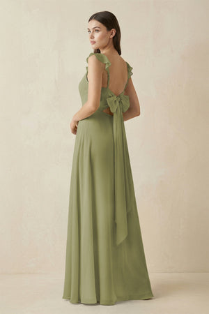 Ruffled Sleeve A - Line Chiffon Bridesmaid Dress in Moss Green - KissProm Bridesmaid Dresses