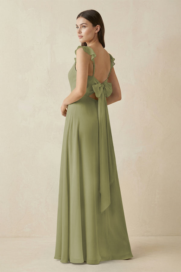 Ruffled Sleeve A-Line Chiffon Bridesmaid Dress in Moss Green, Moss Green / 20