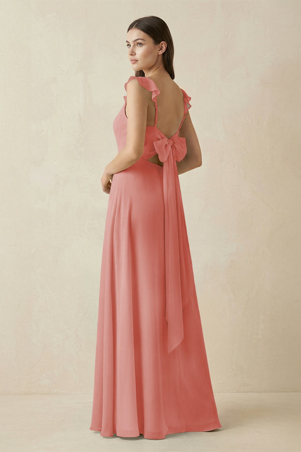 Ruffled Sleeve A - Line Chiffon Bridesmaid Dress in Mulberry - KissProm Bridesmaid Dresses