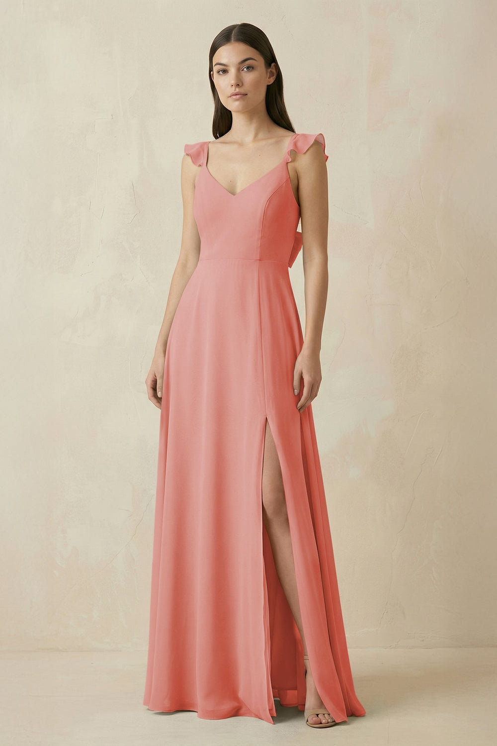 Ruffled Sleeve A - Line Chiffon Bridesmaid Dress in Mulberry - KissProm Bridesmaid Dresses