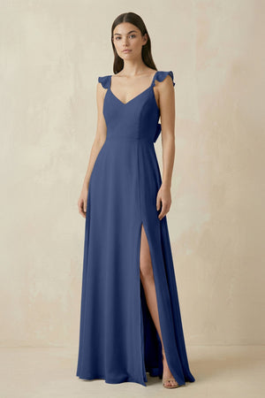 Ruffled Sleeve A - Line Chiffon Bridesmaid Dress in Navy - KissProm Bridesmaid Dresses