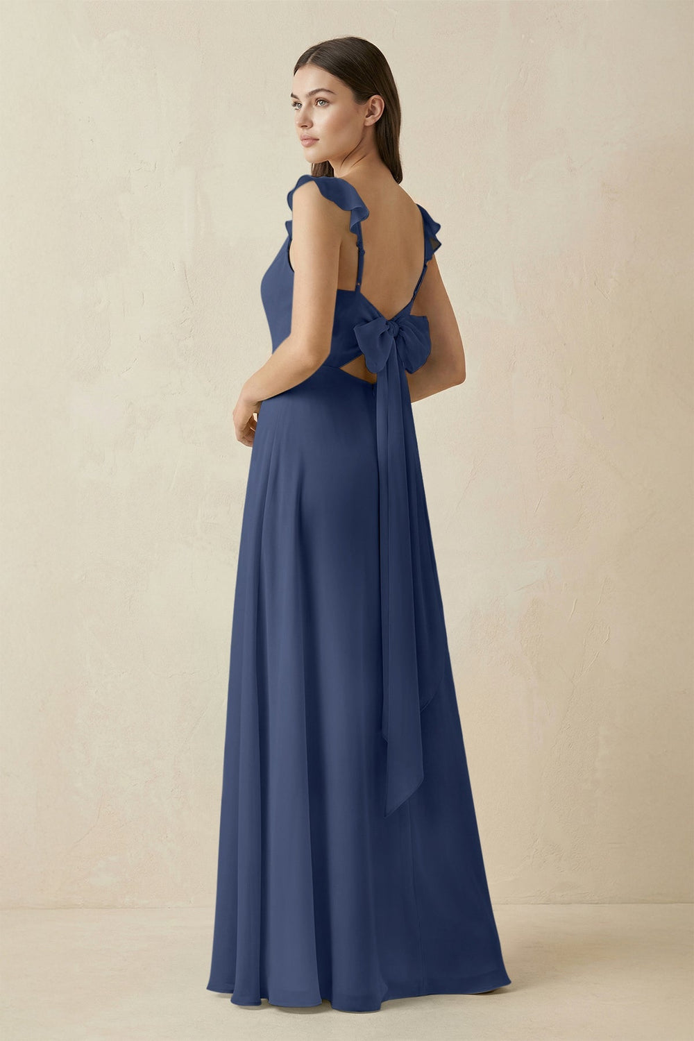 Ruffled Sleeve A - Line Chiffon Bridesmaid Dress in Navy - KissProm Bridesmaid Dresses