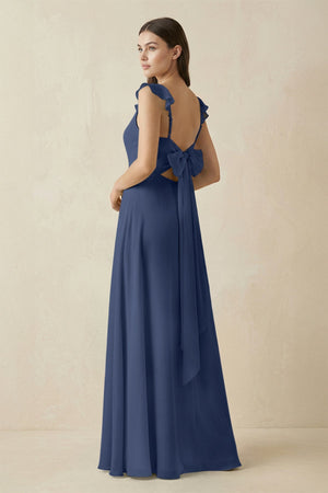 Ruffled Sleeve A - Line Chiffon Bridesmaid Dress in Navy - KissProm Bridesmaid Dresses