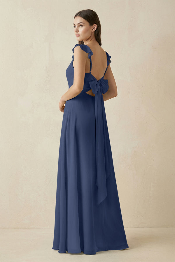 Ruffled Sleeve A - Line Chiffon Bridesmaid Dress in Navy - KissProm Bridesmaid Dresses