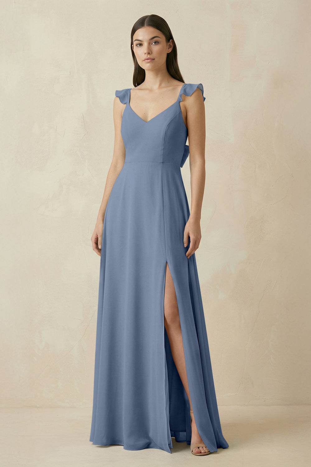 Ruffled Sleeve A - Line Chiffon Bridesmaid Dress in Neptune - KissProm Bridesmaid Dresses
