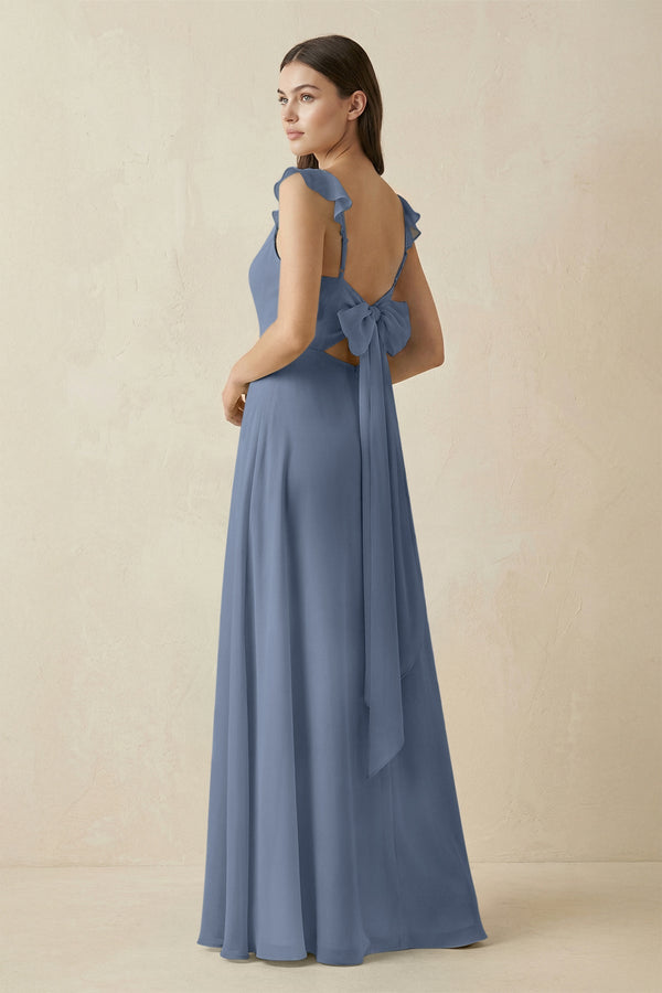 Ruffled Sleeve A - Line Chiffon Bridesmaid Dress in Neptune - KissProm Bridesmaid Dresses