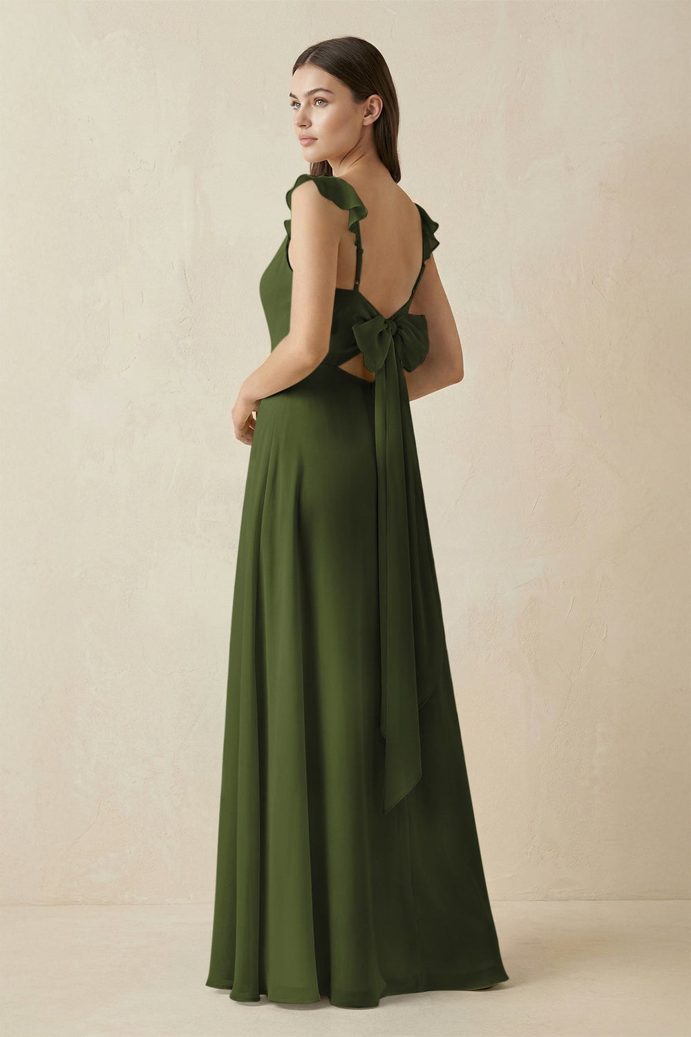 Ruffled Sleeve A - Line Chiffon Bridesmaid Dress in Olive - KissProm Bridesmaid Dresses