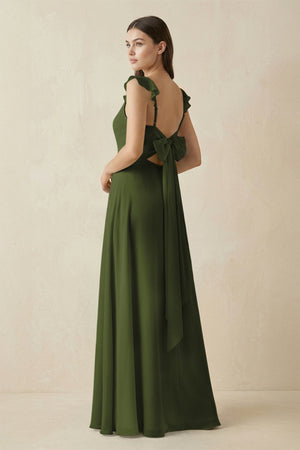Ruffled Sleeve A - Line Chiffon Bridesmaid Dress in Olive - KissProm Bridesmaid Dresses