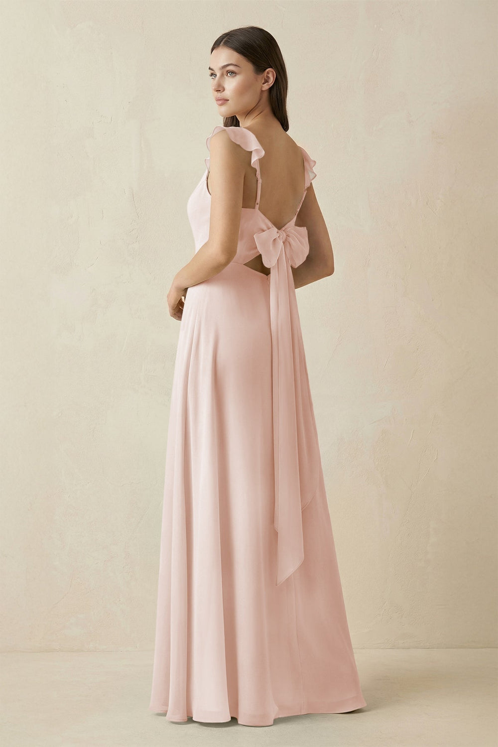 Ruffled Sleeve A - Line Chiffon Bridesmaid Dress in Pale Blush - KissProm Bridesmaid Dresses