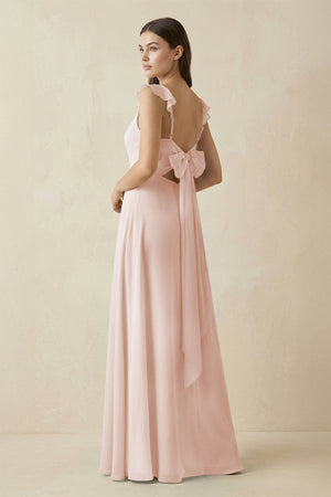 Ruffled Sleeve A - Line Chiffon Bridesmaid Dress in Pale Blush - KissProm Bridesmaid Dresses