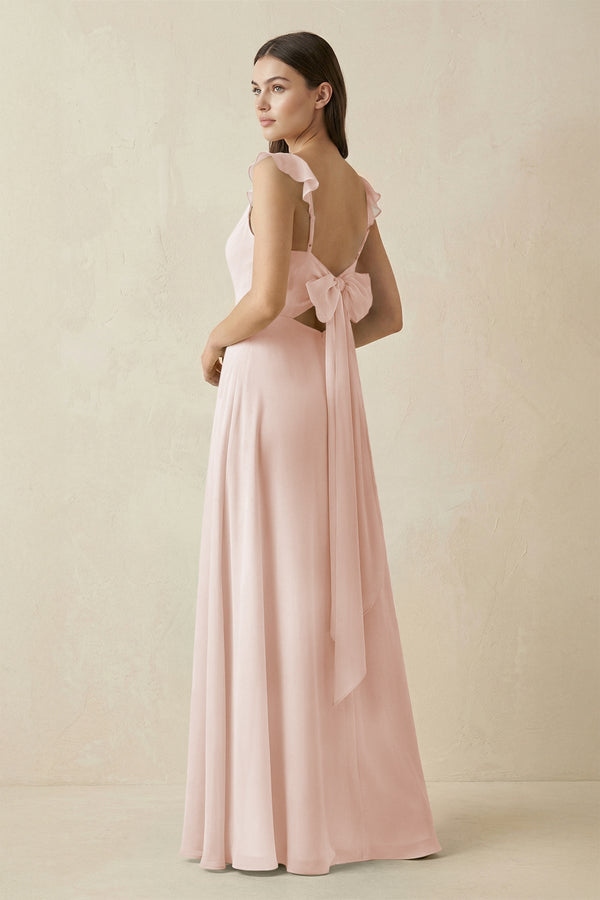 Ruffled Sleeve A - Line Chiffon Bridesmaid Dress in Pale Blush - KissProm Bridesmaid Dresses