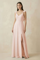Ruffled Sleeve A - Line Chiffon Bridesmaid Dress in Pale Blush - KissProm Bridesmaid Dresses