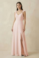 Ruffled Sleeve A - Line Chiffon Bridesmaid Dress in Pale Blush - KissProm Bridesmaid Dresses