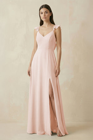 Ruffled Sleeve A - Line Chiffon Bridesmaid Dress in Pale Blush - KissProm Bridesmaid Dresses