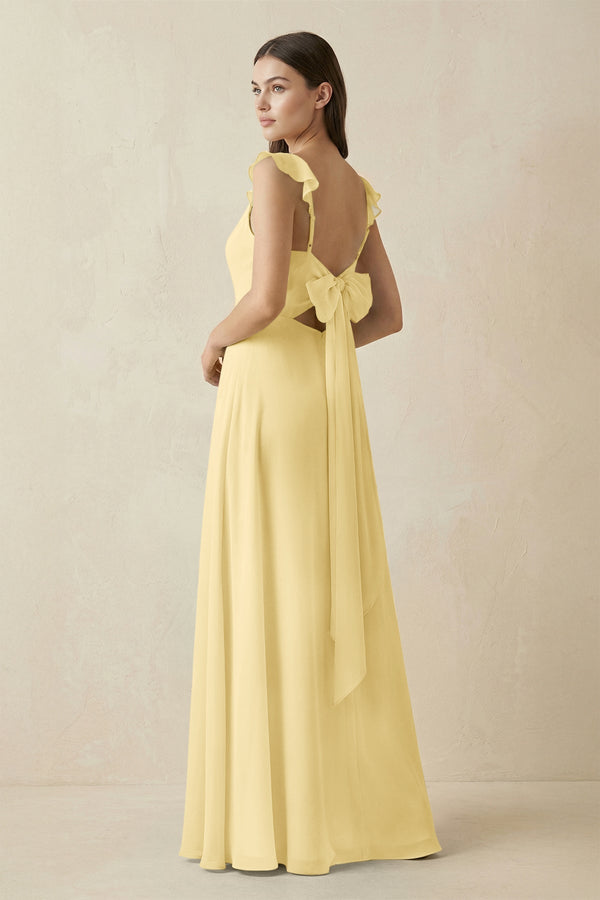 Ruffled Sleeve A - Line Chiffon Bridesmaid Dress in Pastel Yellow - KissProm Bridesmaid Dresses
