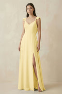 Ruffled Sleeve A - Line Chiffon Bridesmaid Dress in Pastel Yellow - KissProm Bridesmaid Dresses