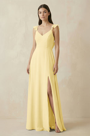 Ruffled Sleeve A - Line Chiffon Bridesmaid Dress in Pastel Yellow - KissProm Bridesmaid Dresses