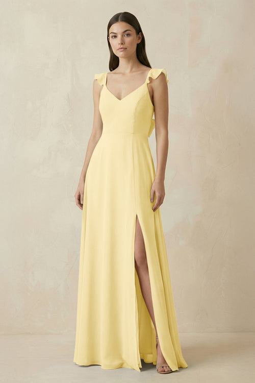 Ruffled Sleeve A-Line Chiffon Bridesmaid Dress in Pastel Yellow, Pastel Yellow / 18