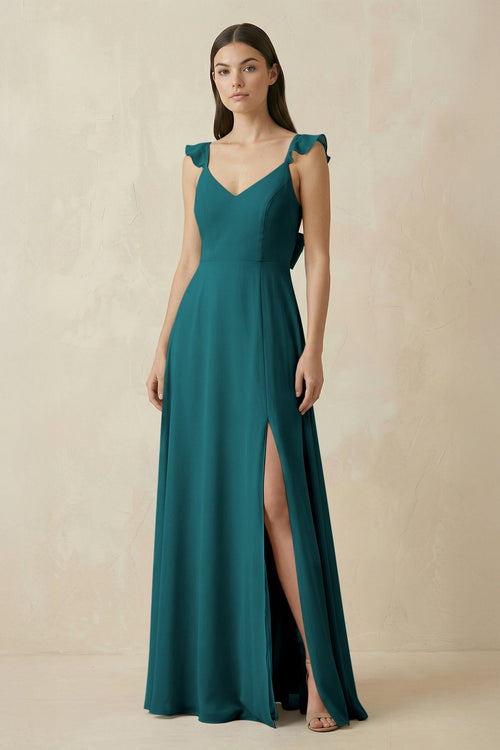 KissProm Ruffled Sleeve A-Line Chiffon Bridesmaid Dress in Pine, Pine / 8
