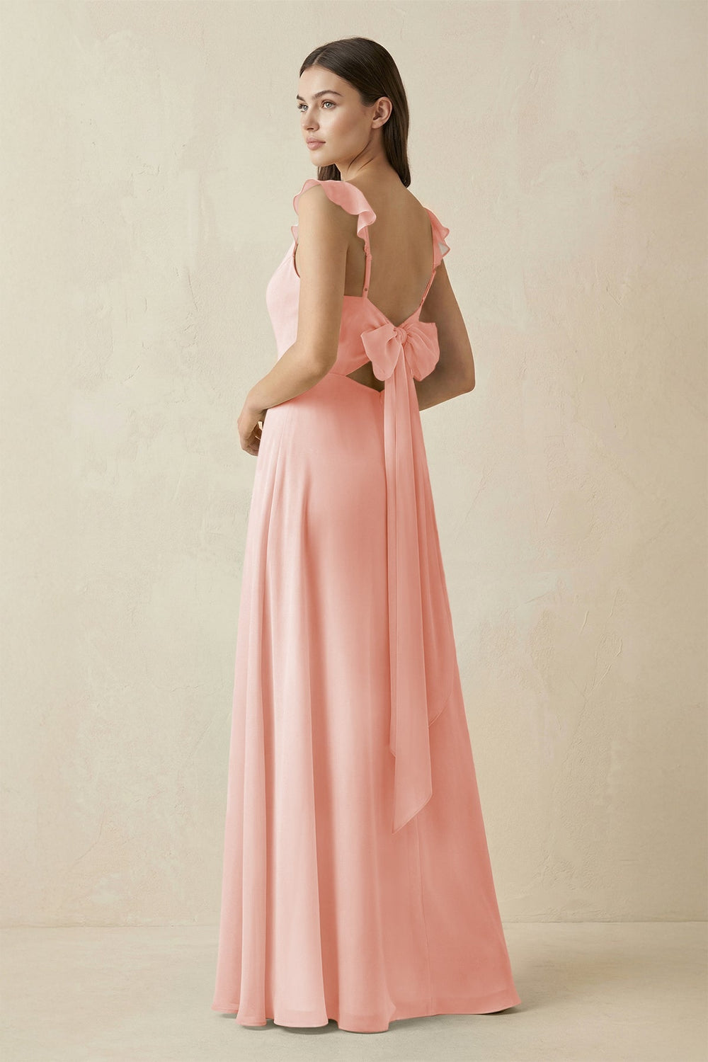 Ruffled Sleeve A - Line Chiffon Bridesmaid Dress in Rose Petal - KissProm Bridesmaid Dresses